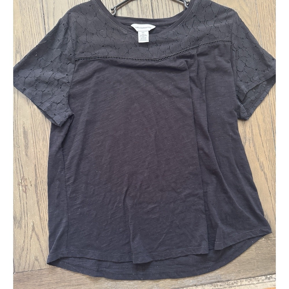 Liz Claiborne Womens Black Lace Pom Pom Trim Flutter Sleeve Keyhole Top Plus XXL